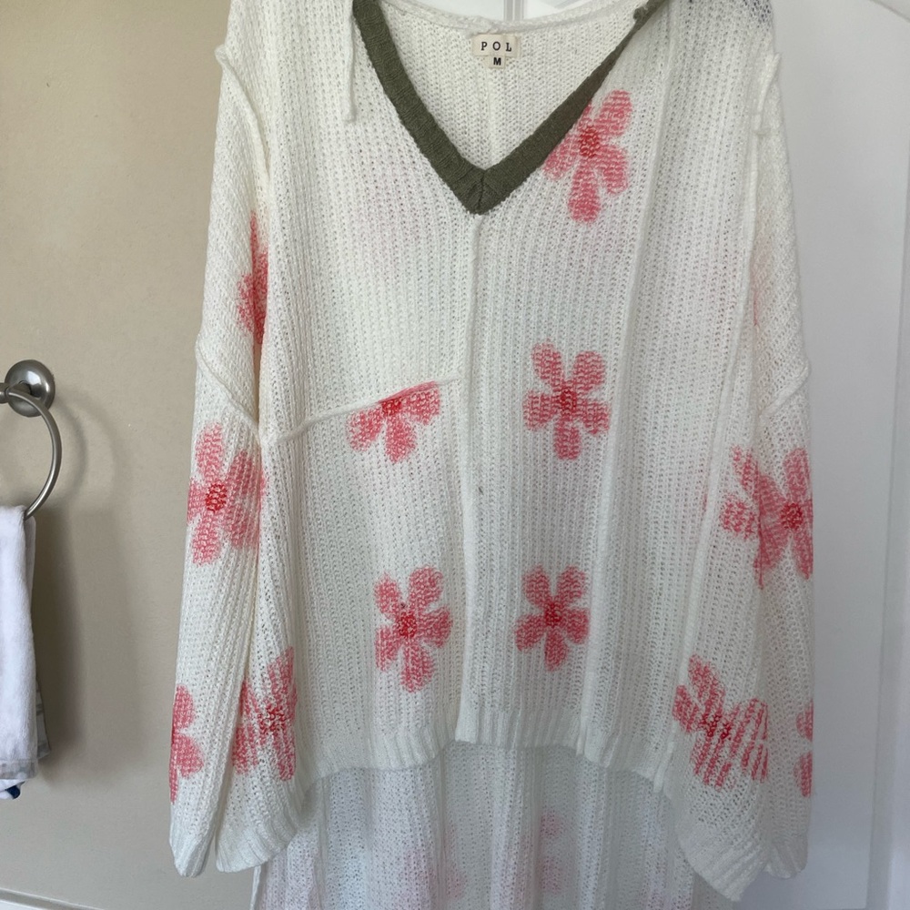 POL  Daisy Flower Print V Neck‎ Lightweight Hoodie Sweater Very Oversized - Picture 10 of 12